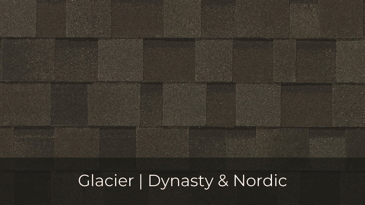 Dark textured roofing shingles with a square pattern. Text at the bottom reads "Glacier | IKO Roof Shingle Colors in Dynasty & Nordic.