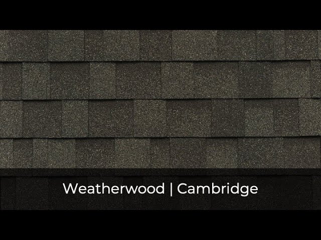 Close-up of dark gray asphalt shingles from the IKO Roof Shingle Colors collection, labeled "Weatherwood | Cambridge.