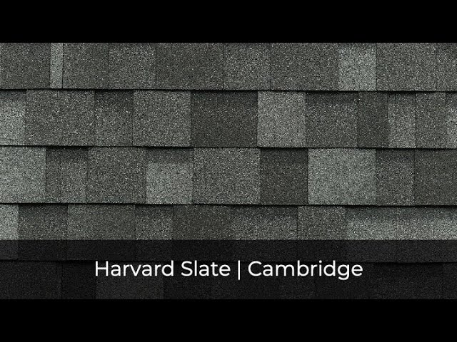 Gray asphalt shingles in the "Harvard Slate" color from IKO Roof Shingle Colors are labeled as "Cambridge.