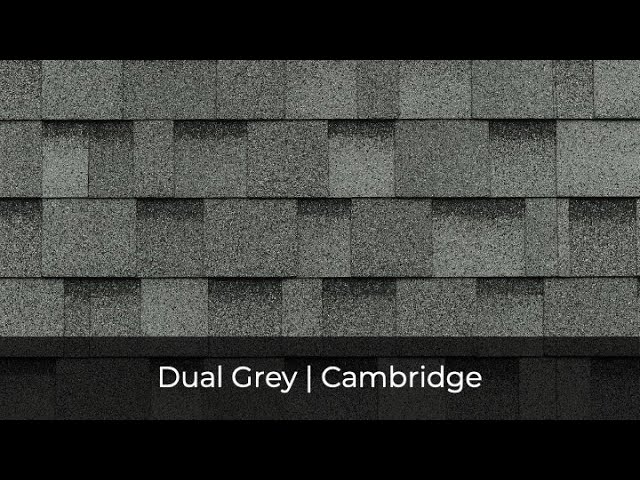 IKO Roof Shingles in Dual Grey are arranged in a uniform, architectural pattern, labeled "Dual Grey | Cambridge" at the bottom.