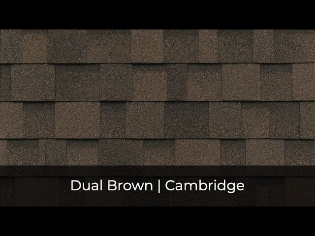 Dark brown roof shingles with a textured pattern, perfectly capturing the essence of IKO Roof Shingle Colors, labeled "Dual Brown | Cambridge," exude an architectural elegance.