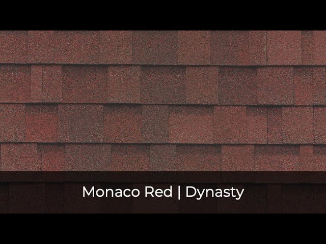 Featuring IKO Roof Shingle Colors, these red roof shingles boast a textured, layered pattern that catches the eye. The caption proudly reads: "Monaco Red | Dynasty.