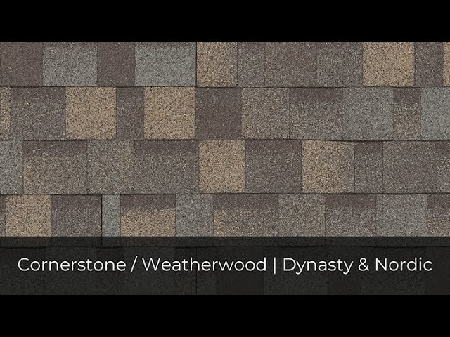 Brown and gray asphalt roofing shingles are arranged in an overlapping pattern, featuring the text: "Cornerstone / Weatherwood | IKO Roof Shingle Colors: Dynasty & Nordic" at the bottom.