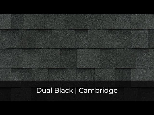 Image of black asphalt shingles labeled "Dual Black | Cambridge," showcasing the elegant architectural design within IKO Roof Shingle Colors.