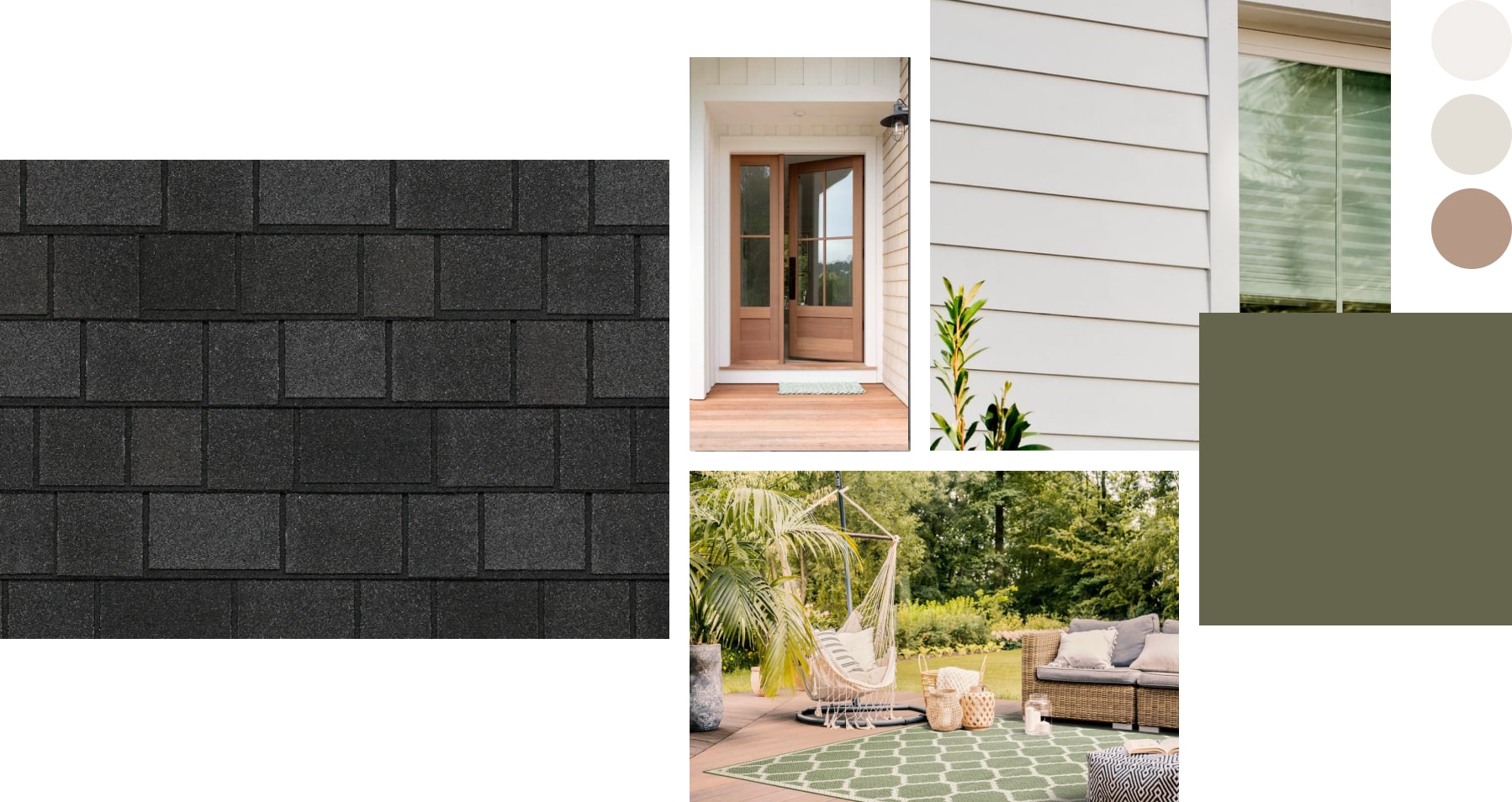 A collage with dark shingles, white siding, a cozy patio with wicker furniture, and a natural color palette reminiscent of spaces curated by real estate expert Scott McGillivray.