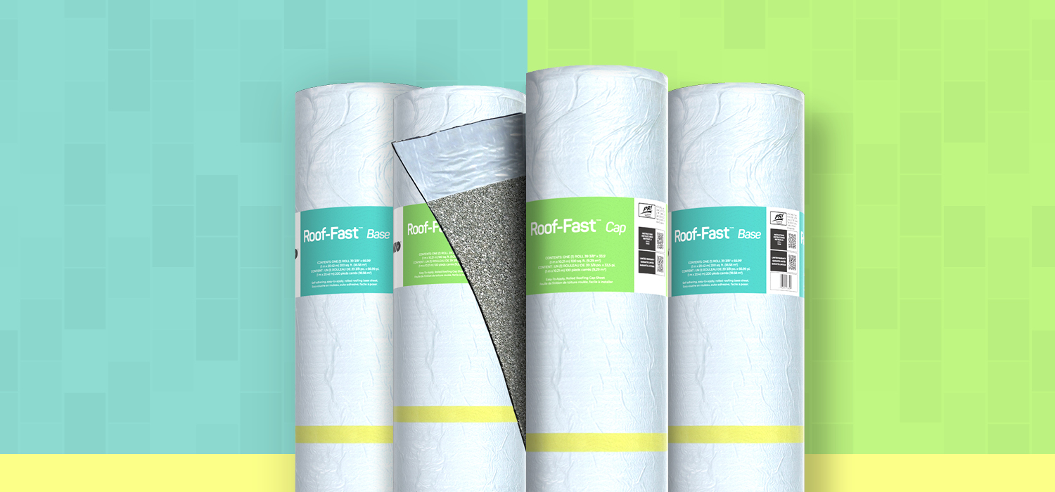 Four rolls of IKO Roof-Fast Base roofing material, with one roll partially unwrapped, displayed against a green and blue background, offering a customer-driven solution for low-slope roofing needs.