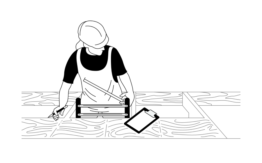 Illustration of a person in a hard hat and apron meticulously arranging wooden boards on a table, capturing the careful process with a clipboard nearby.