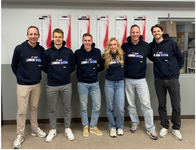 Left to Right: Martin Ten Hove (Coach), Marten Liiv, Bart Swings, Joy Beune, Erwin Ten Hove (Trainer) and Kevin Spithorst, (Manual therapist and bike fitter) at IKO Calgary manufacturing facility; Picture Credits: IKO